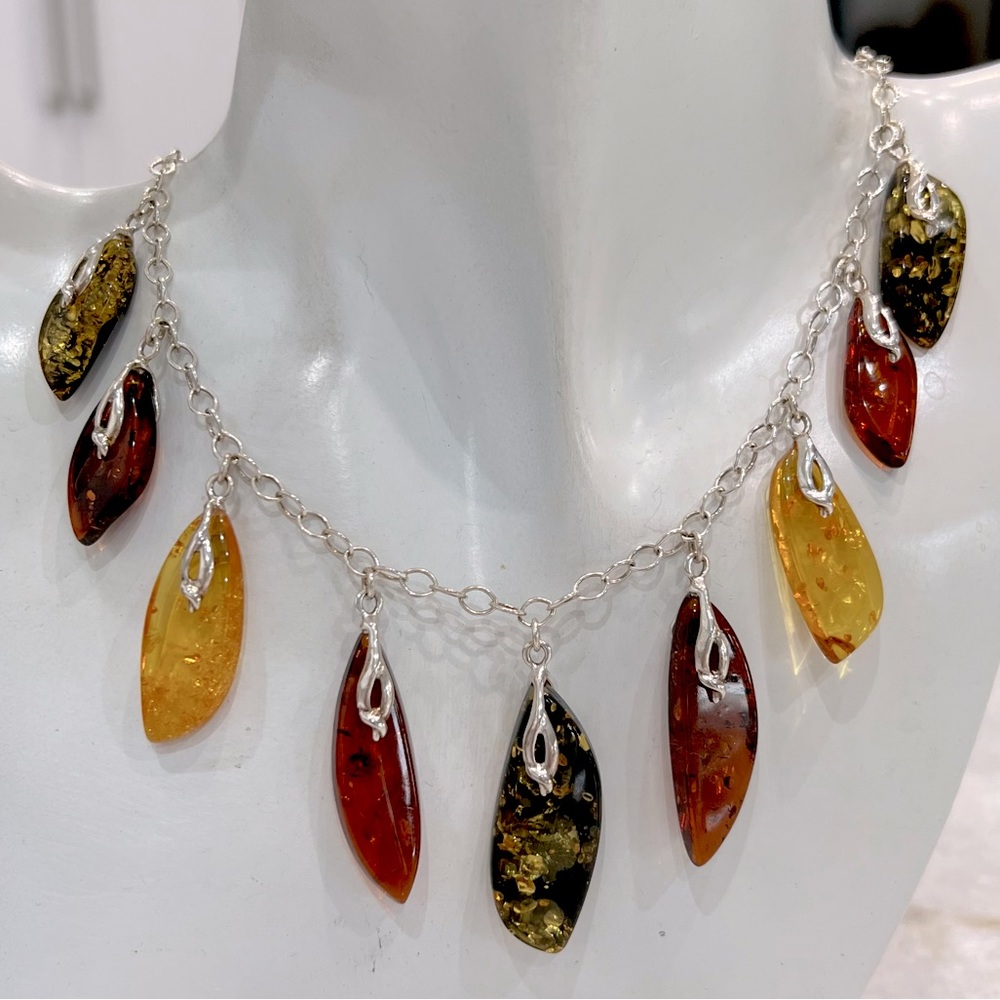 Multicolor Baltic Amber Sterling Silver Dangle Leaf Charm Necklace
